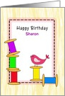 For Sharon-Birthday Greeting Card with Bird on Spools of Thread-Custom card
