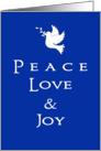 Peace Love & Joy Christmas Card-White Dove Bird Over Blue Background card