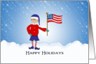 Christmas Card Elf Holding American Flag in Snow Scene-Happy Holidays card