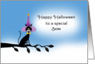 For Son Halloween Card with Black Cat-Witches Hat-Tree Branch card