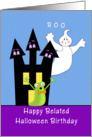 Belated Halloween Birthday Card-Haunted House, Ghost and Gremlin card