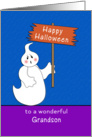 For Grandson Halloween Card-Ghost Holding Happy Halloween Sign card