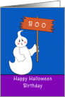 Halloween Birthday Card-Ghost Holding Happy Halloween Sign card