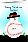 For Grandson Christmas Card-Baseball Snowman-Customizable Text card