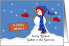 For My Sister in the Service Christmas Card-Patriotic Snowman-Snow card