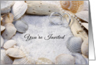 Beach Theme Wedding Invitation-Shells, Silver Rings and White Sand card