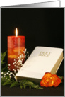 Religious Blank Note Card with Orange Candle-White Bible-Orange Rose card