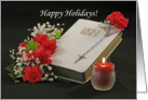 Religious Christmas Card-Happy Holidays-Pink Carnations-White Bible card