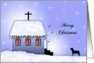 Religious Christmas Card-Snow Scene-Church-Cross-Dog-Snowing card