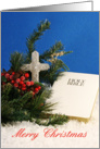 Religious Christmas Greeting Card-Cross-White Bible-Evergreen-Berries card