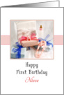 For Niece First Birthday Greeting Card-Presents, Baby Bottle and Bear card