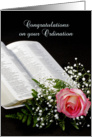 General Ordination Greeting Card with Bible and Pink Rose card