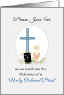 For Priest-Ordination Party Invitation-Cross-Bible-Chalice-Wafer card