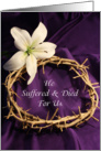 Good Friday Greeting Card-White Lily-Crown of Thorns-Purple Background card