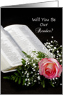 Be Our Reader Invitation Greeting Card-Pink Rose and Open Bible card