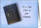 Priest Retirement Greeting Card-Blue Rosary Laying on a Black Bible card