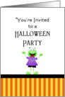 Halloween Party Invitation with Green Gremlin and Orange Stripes card