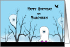 Birthdday on Halloween Greeting Card with Ghost, Trees and Birds card