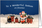 Godson Christmas Greeting Card-Wooden Train-Snowman-Snow Scene card