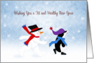 Fitness Healthy New Year Card-Snowman and Penguin Walking card