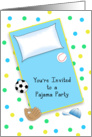 Slumber Party-Pajama Party Invitation-Soccer Ball, Baseball, Mitt Hat card