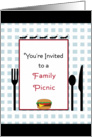 Family Picnic Invitation Card-Ants, Hamburger, Fork, Knife & Spoon card