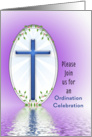 Ordination Invitation with Blue Cross Reflected in Purple Water card