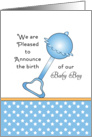 New Baby Boy Birth Announcement Greeting Card - Blue Rattle card