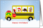 School Bus Christmas Card with Snowman-Bear-Snow Scene-Reindeer card