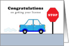 Getting Your License Greeting Card-Blue Car-Red Stop Sign-Congrats card