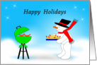 Christmas Card with Snowman Grilling Hot Dogs, Happy Holidays card