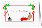 For Gardener Christmas Card Season’s Greetings, Rake, Mower card