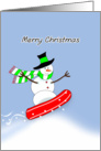 Snowboarding Merry Christmas Greeting Card with Snowman card