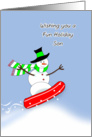 For Son Christmas Snowboarding Greeting Card-Snowman in Snow Scene card