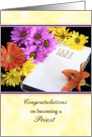 for Priest Ordination Greeting Card with White Bible and Flowers card