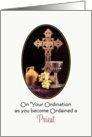 For Priest Ordination Greeting Card-Cross, Jug, Chalice & Grapes card