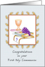 First Holy Communion Greeting Card with Chalice-Grapes-Books-Cross card