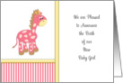 New Baby Girl Birth Announcement Greeting Card-Pink Giraffe card