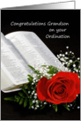 For Grandson Ordination Greeting Card-Open Bible and Red Rose card