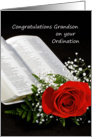 For Grandson Ordination Greeting Card-Open Bible and Red Rose card