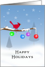 Christmas Card with Red Cardinal-Branch-Ornaments-Happy Holidays card