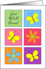 Get Well Soon Greeting Card-Butterflies and Flowers on Squares card