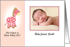 New Baby Girl Announcement Photo Card with Giraffe card