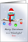 Son Christmas Card with Blue Bird, Red Hat, Scarf, Boots and Ornaments card