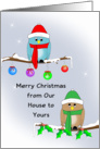 Christmas Card Our House To Yours Blue Bird, Red Hat, Scarf, Boots card