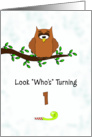 1st Birthday Greeting Card-Look Who’s Turning 1-Owl on Tree Branch card