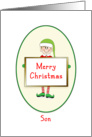 Son Christmas Card with Elf Holding Sign-Merry Christmas card