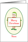 Niece Christmas Card with Elf Holding Sign-Merry Christmas card