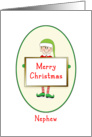 Nephew Christmas Card with Elf Holding Sign-Merry Christmas card