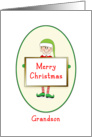 Grandson Christmas Card with Elf Holding Sign-Merry Christmas card